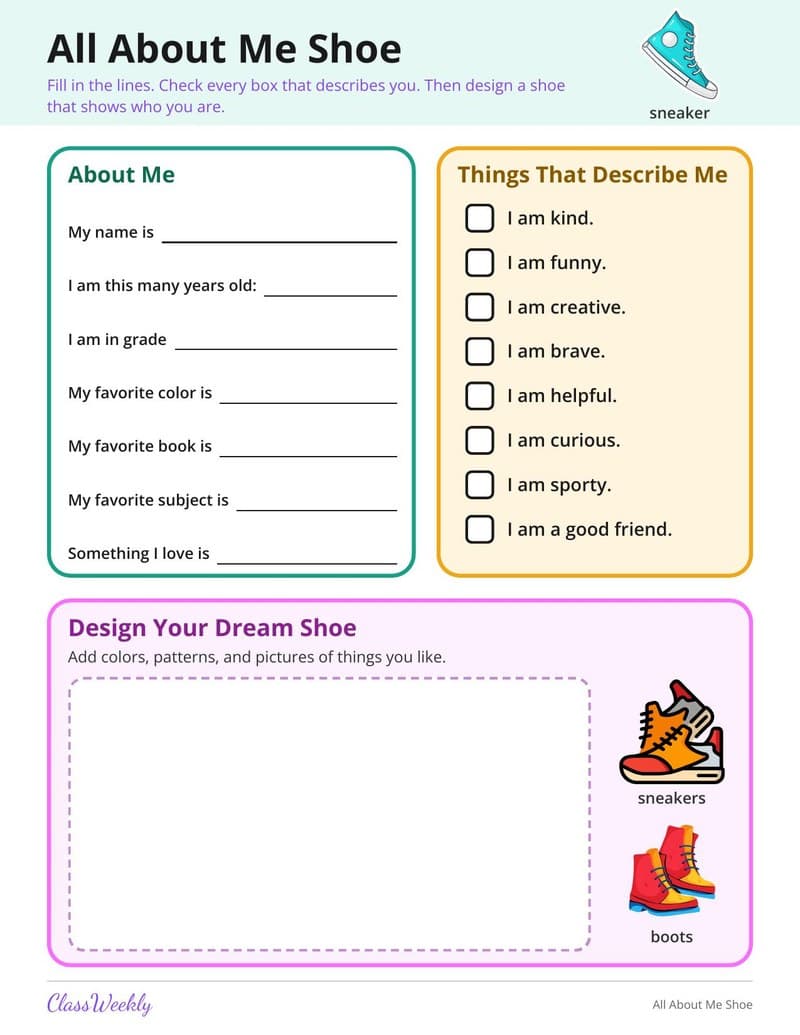 All About Me Shoe Template - 1st Grade Activity Packets worksheet preview