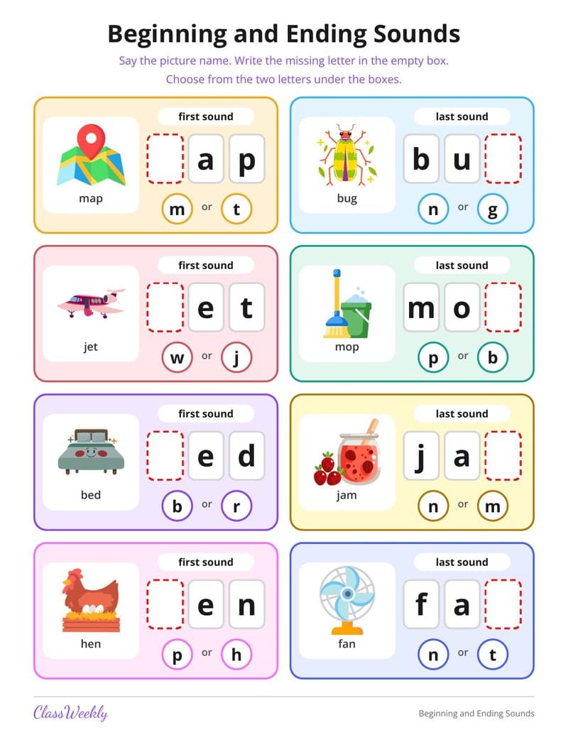 Beginning and Ending Sounds - Kindergarten Alphabet printable preview