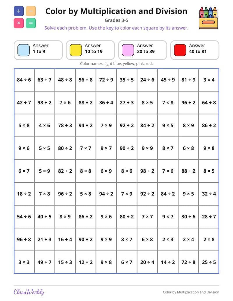 Color by Multiplication and Division - 3rd Grade Multiplication printable preview