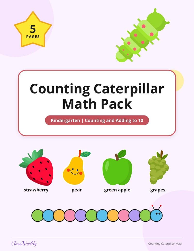 Counting Caterpillar Math Pack - Kindergarten Numbers worksheet preview