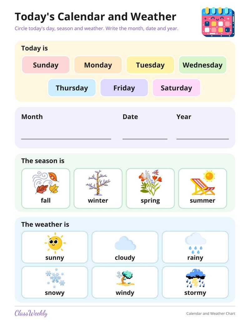 Daily Calendar and Weather Chart - Kindergarten Weather printable preview