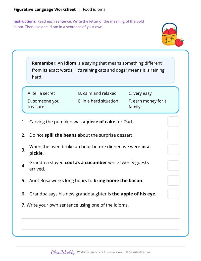 Thanksgiving Food Idioms - 5th Grade worksheet preview