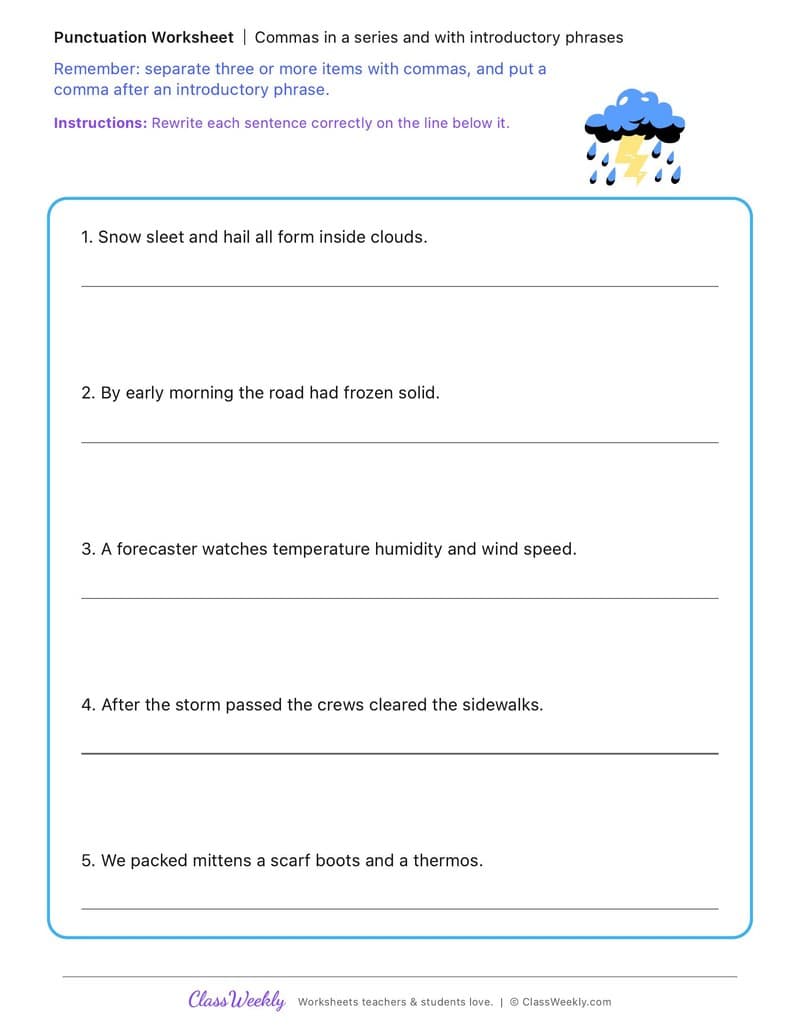 Commas in a series and with introductory phrases - Winter Science & Weather - 5th Grade worksheet preview