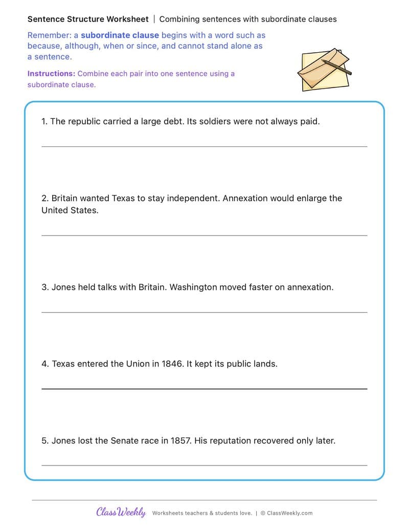 Combining sentences with subordinate clauses - Anson Jones - 5th Grade worksheet preview
