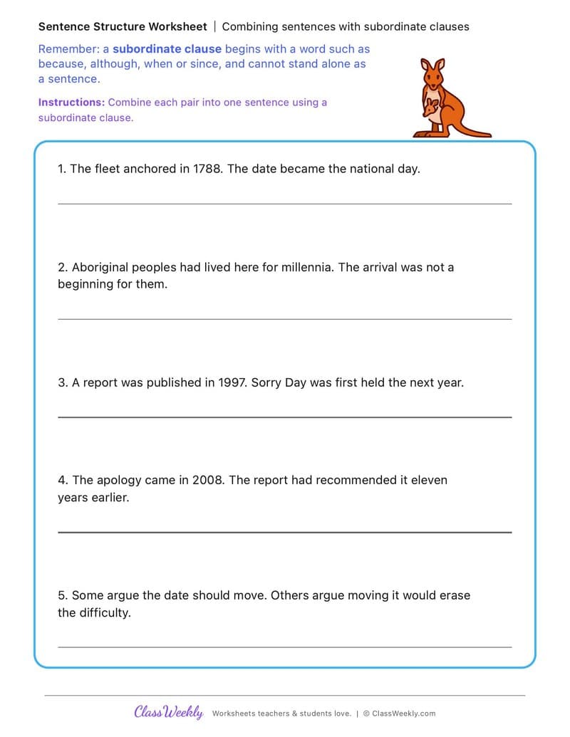 Combining sentences with subordinate clauses - Australia Day / ANZAC Day / Sorry Day - 5th Grade worksheet preview