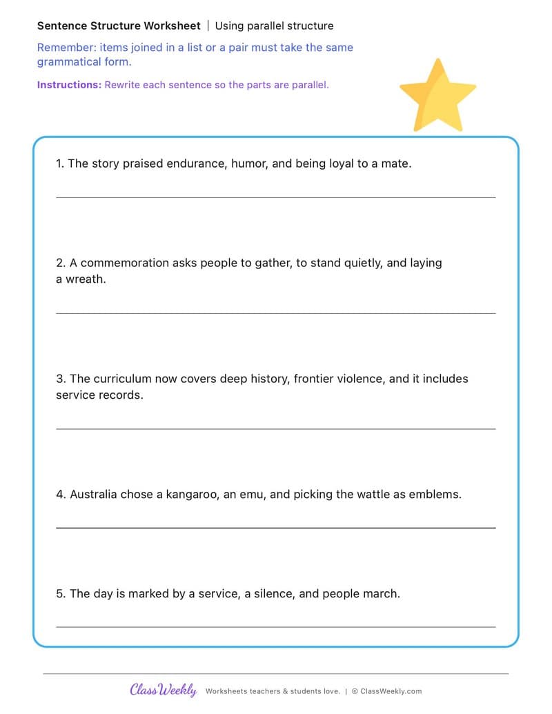 Using parallel structure - Australia's Identity, Celebrations and Commemorations - 5th Grade worksheet preview