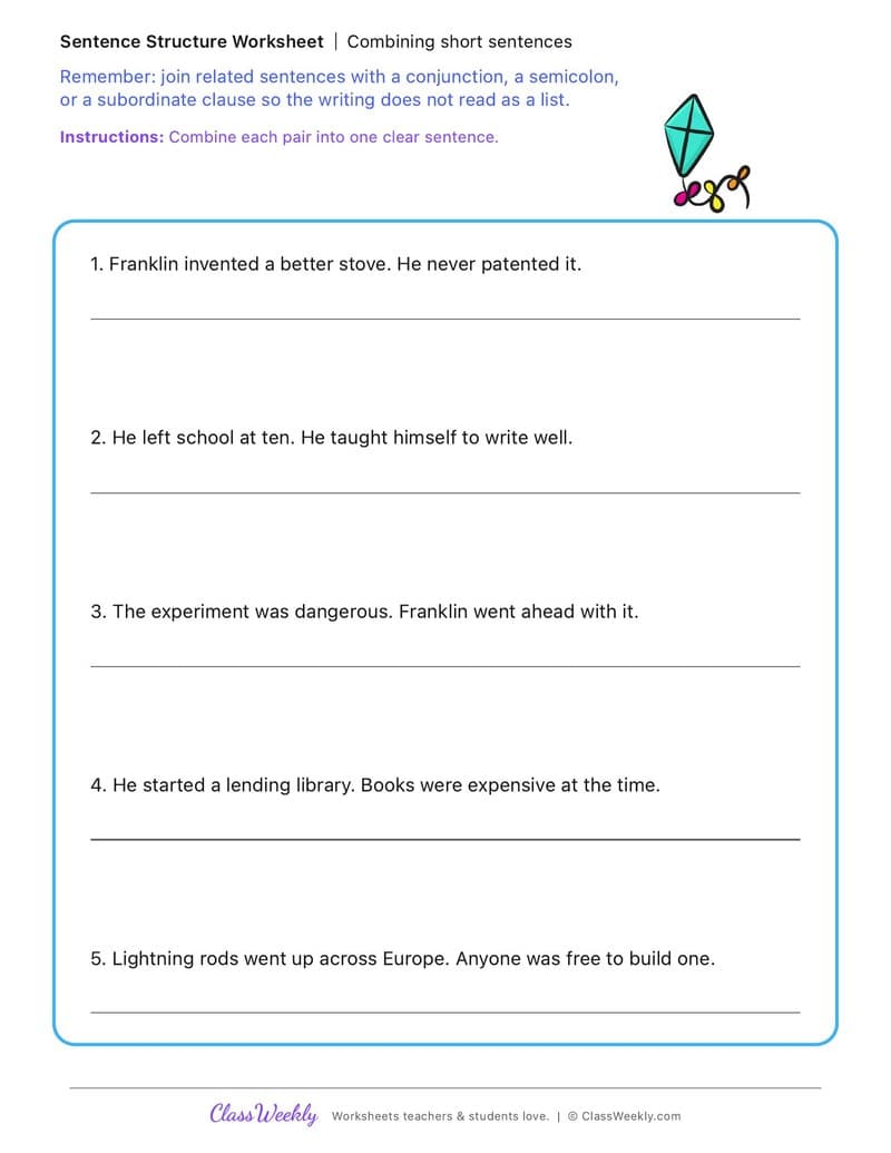 Combining short sentences - Benjamin Franklin - 5th Grade worksheet preview