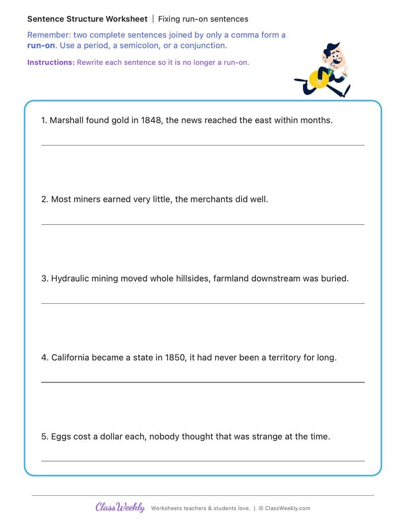 Fixing run-on sentences - California Gold Rush - 5th Grade worksheet preview