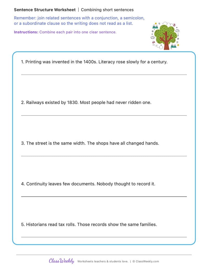 Combining short sentences - Change and Continuity - 5th Grade worksheet preview