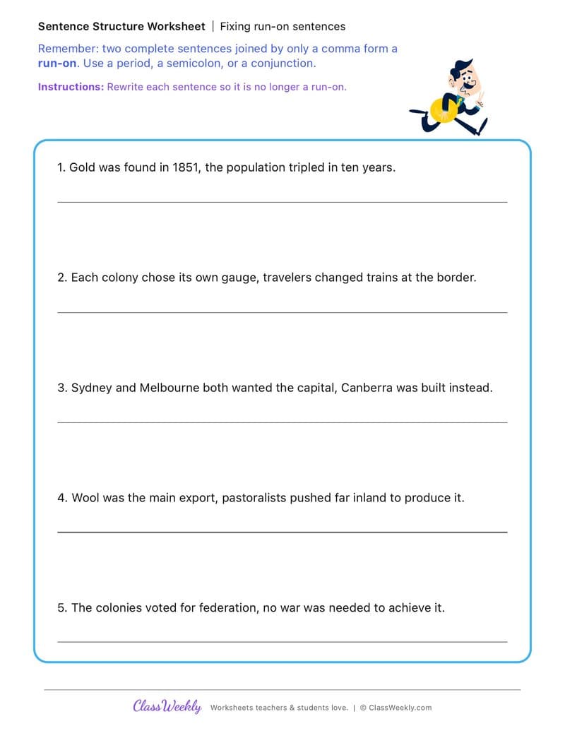 Fixing run-on sentences - Colonial Australia (British Colonisation) - 5th Grade worksheet preview