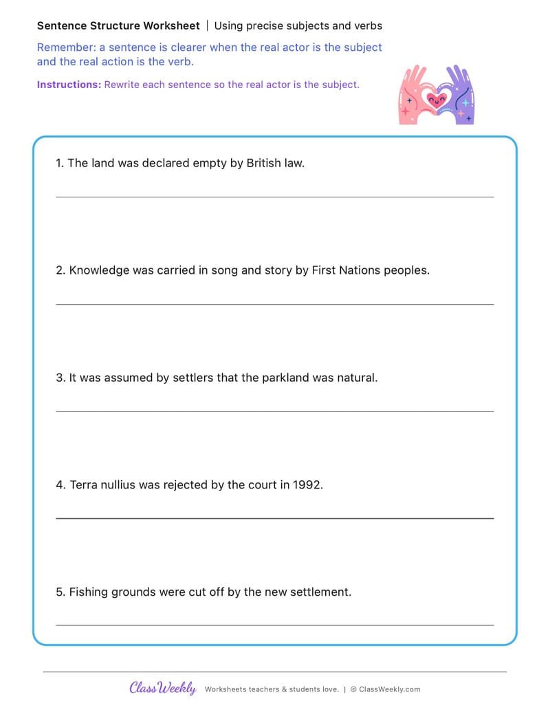 Using precise subjects and verbs - Effects of First Fleet Contact on First Nations Australians - 5th Grade worksheet preview