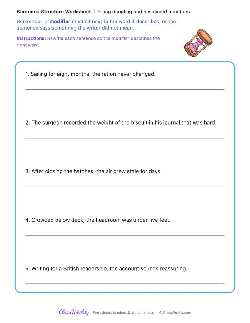 Fixing dangling and misplaced modifiers - First Fleet Experiences - 5th Grade worksheet preview