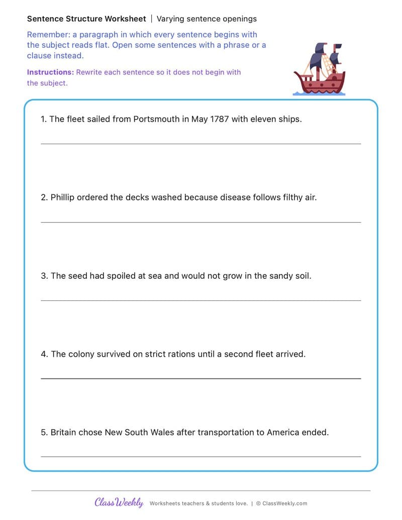 Varying sentence openings - First Fleet - 5th Grade worksheet preview