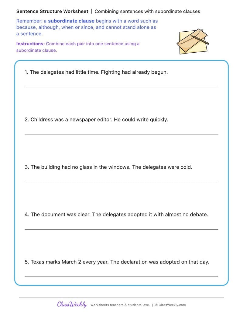Combining sentences with subordinate clauses - George Childress - 5th Grade worksheet preview