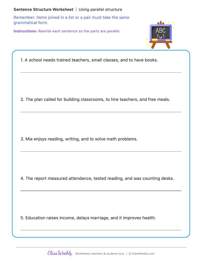 Using parallel structure - International Day of Education - 5th Grade worksheet preview