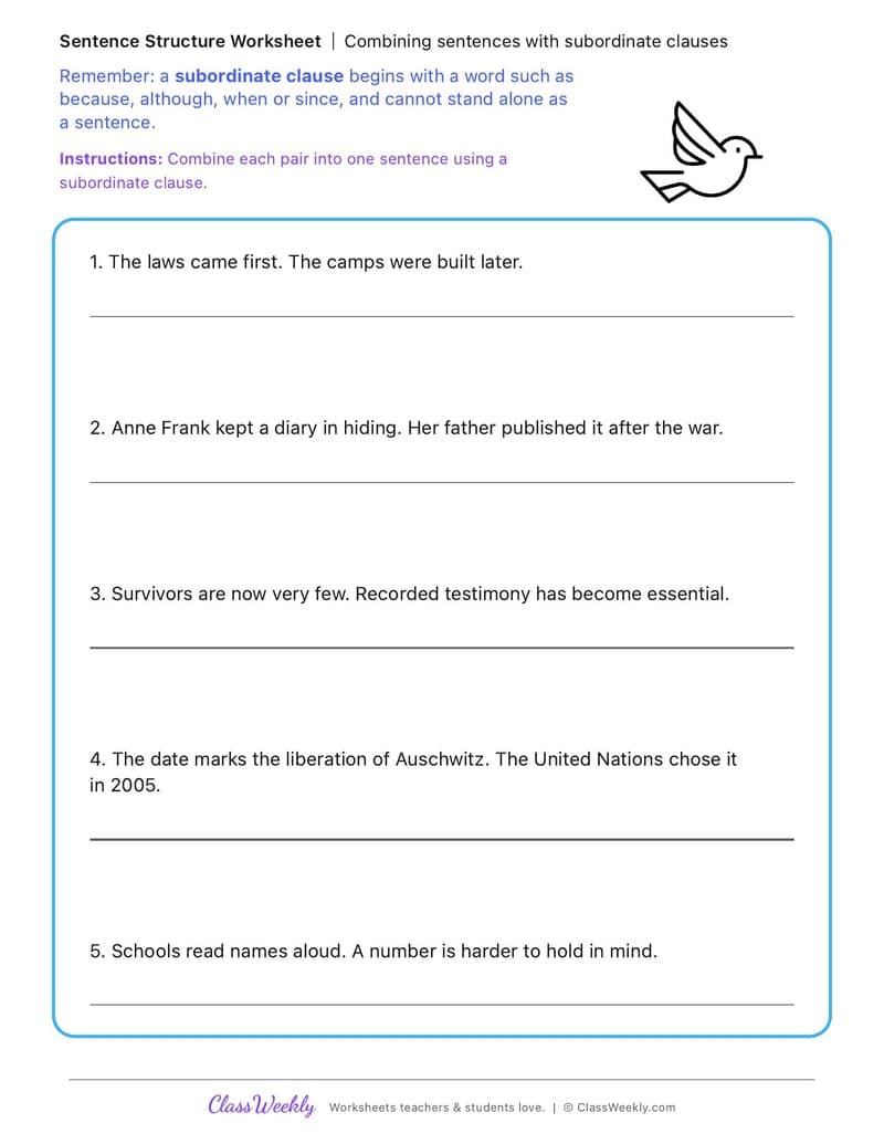 Combining sentences with subordinate clauses - International Holocaust Remembrance Day - 5th Grade worksheet preview