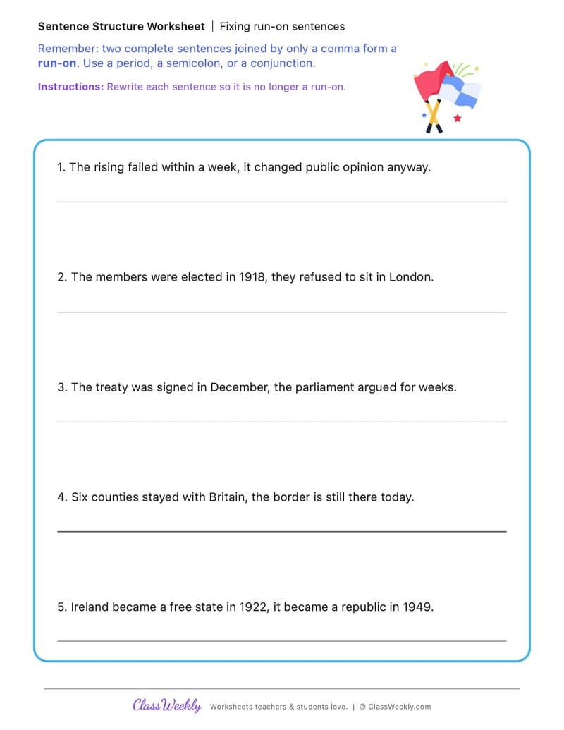 Fixing run-on sentences - Irish Revolution and War of Independence - 5th Grade worksheet preview