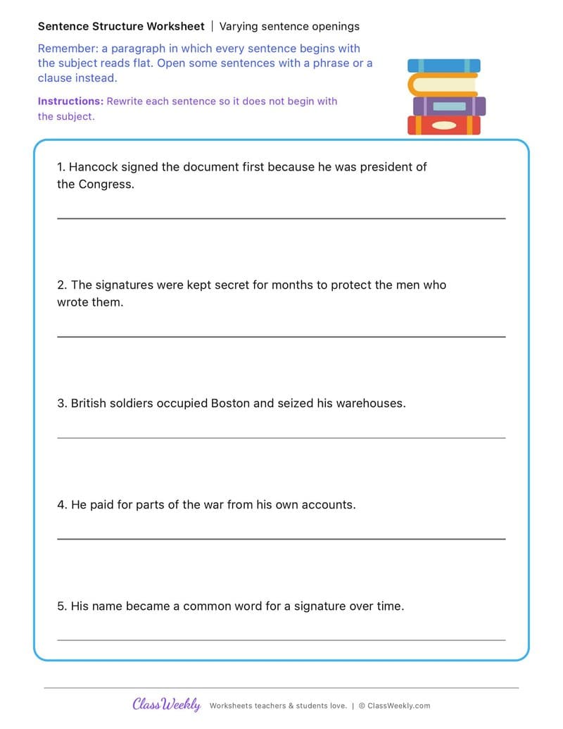 Varying sentence openings - John Hancock - 5th Grade worksheet preview