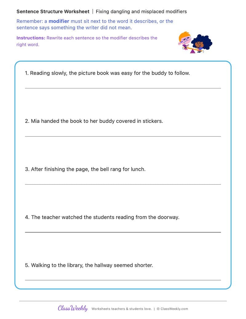 Fixing dangling and misplaced modifiers - Kindergarten Buddy Day - 5th Grade worksheet preview
