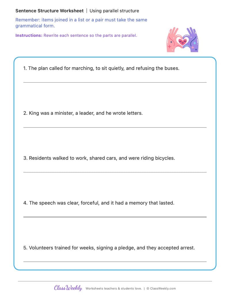 Using parallel structure - MLK Day / Black History Month - 5th Grade worksheet preview