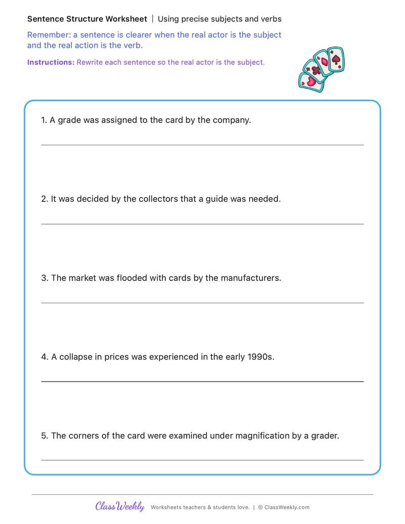 Using precise subjects and verbs - National Trading Card Day - 5th Grade worksheet preview