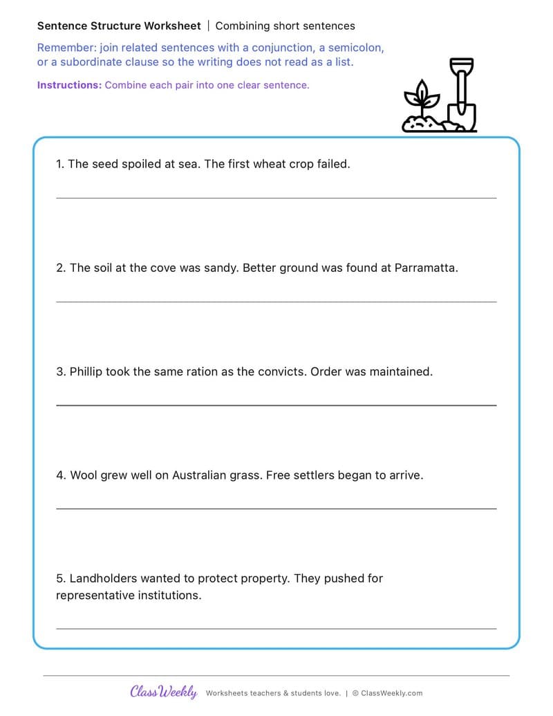 Combining short sentences - The First British Colony in Australia - 5th Grade worksheet preview