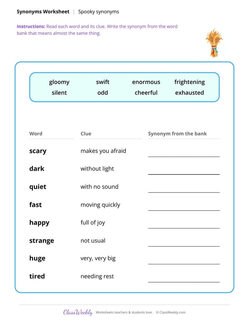Synonyms - Halloween - 5th Grade worksheet preview