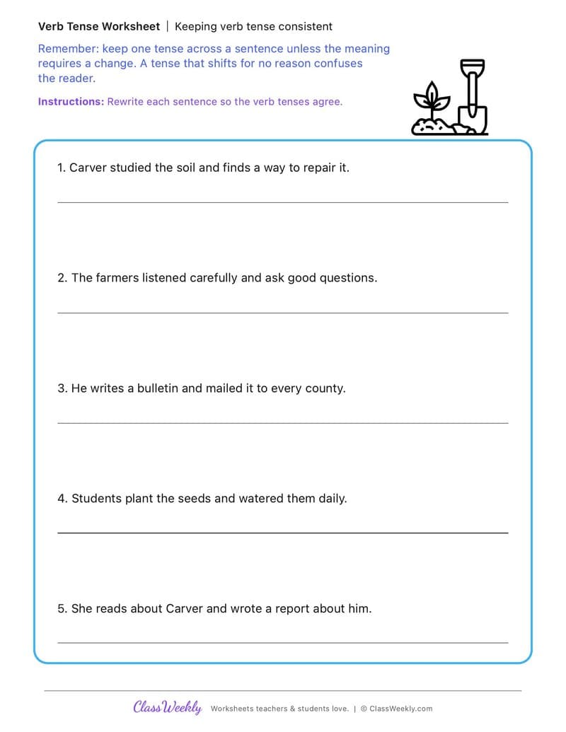 Keeping verb tense consistent - George Washington Carver - 5th Grade worksheet preview