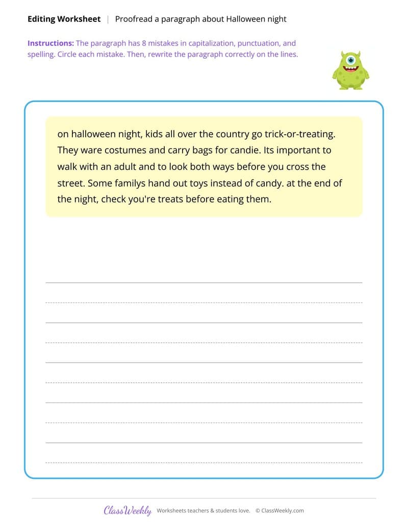 Proofread a Paragraph - Halloween - 5th Grade worksheet preview