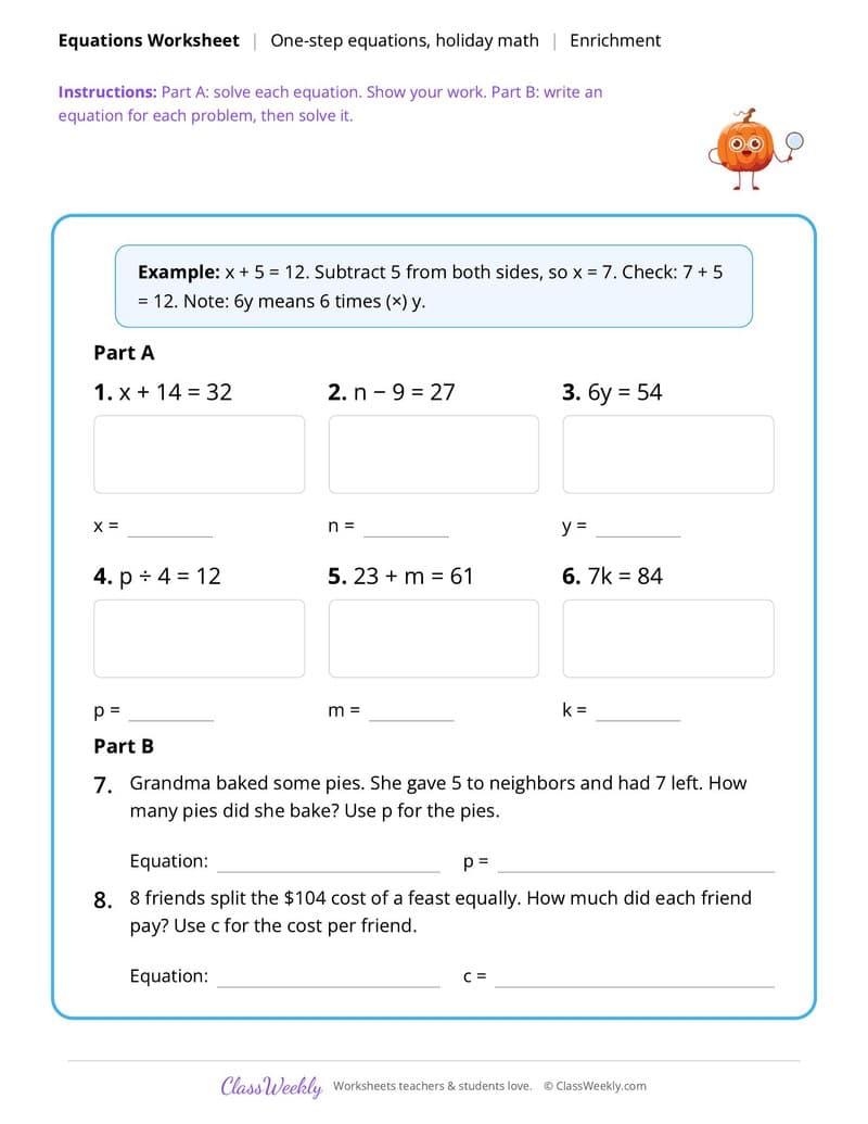 Thanksgiving One-Step Equations - 5th Grade worksheet preview