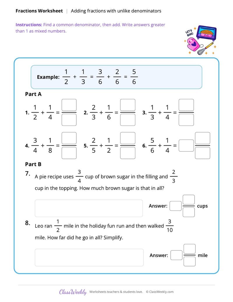 Thanksgiving Adding Fractions - 5th Grade worksheet preview