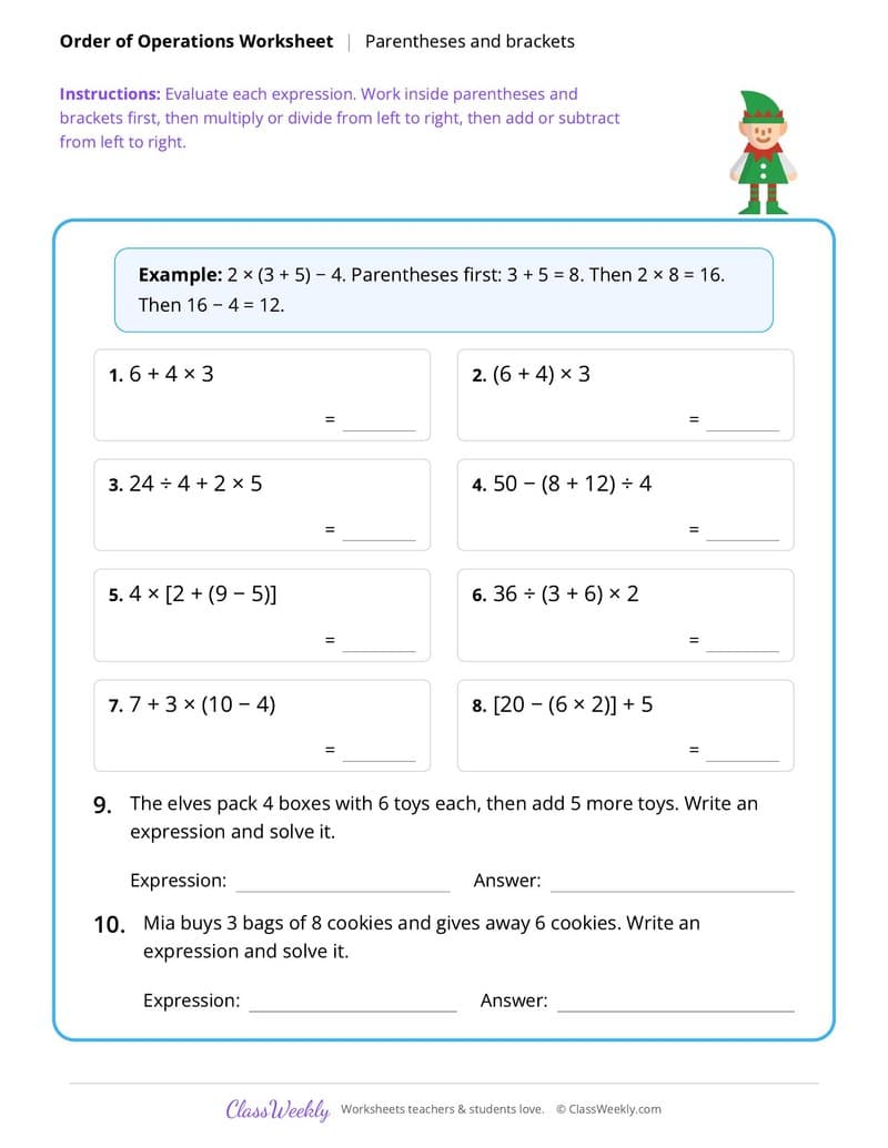 Christmas Order of Operations - 5th Grade worksheet preview