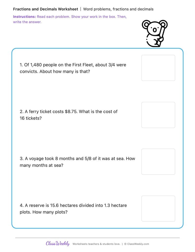 Word problems, fractions and decimals - Australia Day / ANZAC Day / Sorry Day - 5th Grade worksheet preview