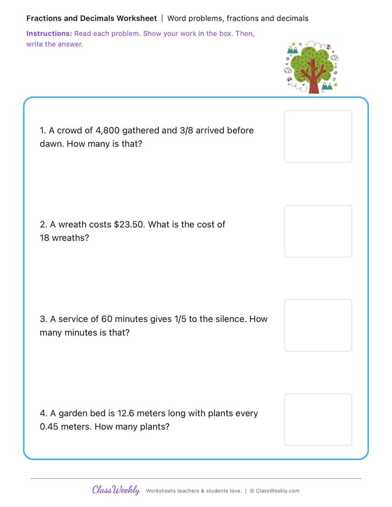 Word problems, fractions and decimals - Australia's Identity, Celebrations and Commemorations - 5th Grade worksheet preview
