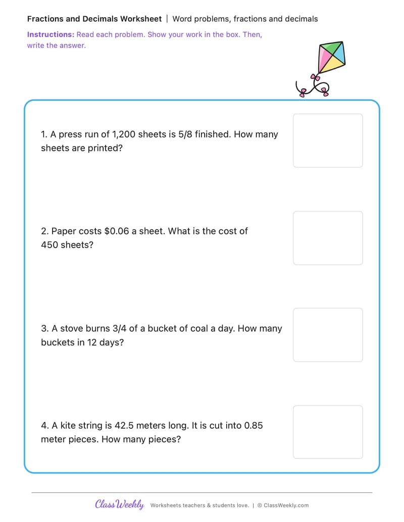 Word problems, fractions and decimals - Benjamin Franklin - 5th Grade worksheet preview