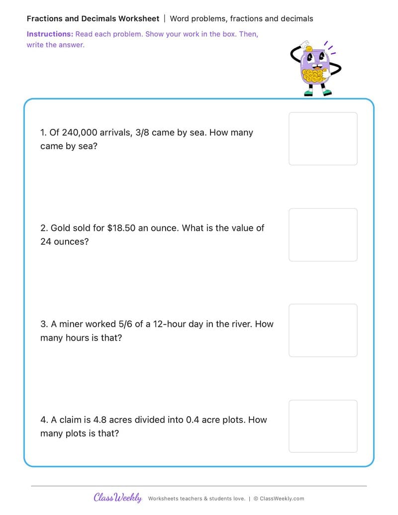 Word problems, fractions and decimals - California Gold Rush - 5th Grade worksheet preview