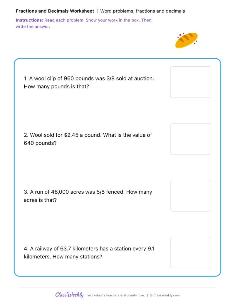 Word problems, fractions and decimals - Colonial Australia (British Colonisation) - 5th Grade worksheet preview