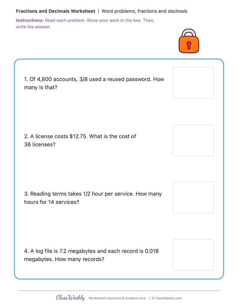 Word problems, fractions and decimals - Data Privacy Day - 5th Grade worksheet preview