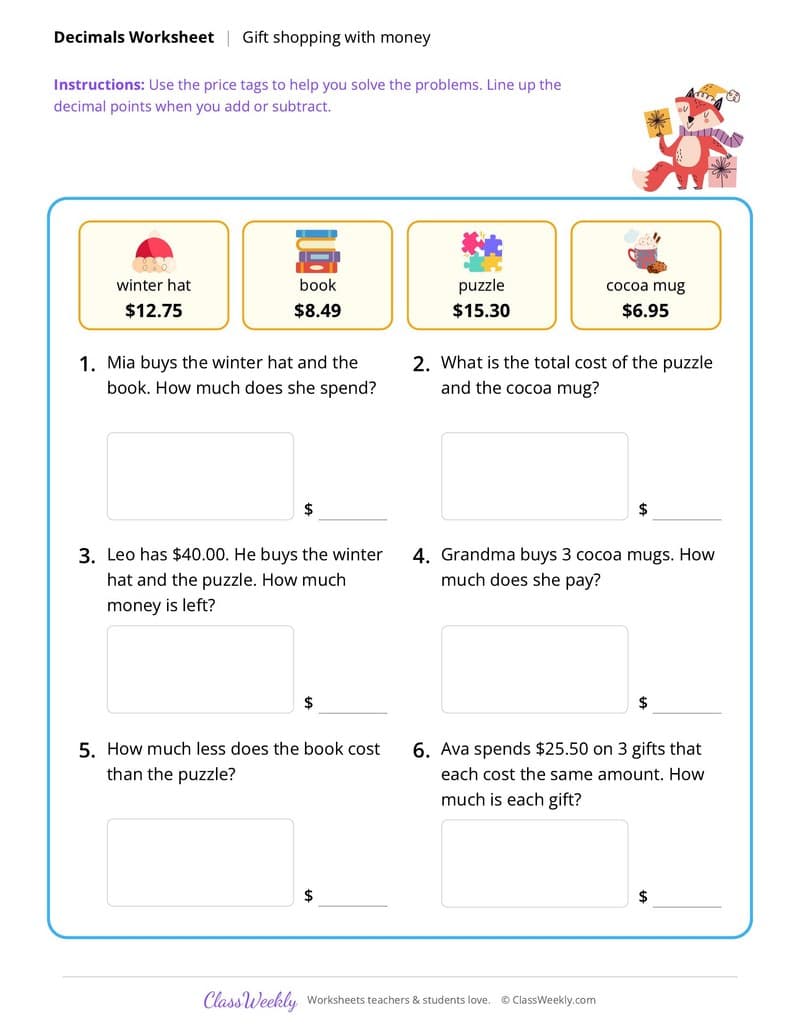 Christmas Decimals: Gift Shopping - 5th Grade worksheet preview