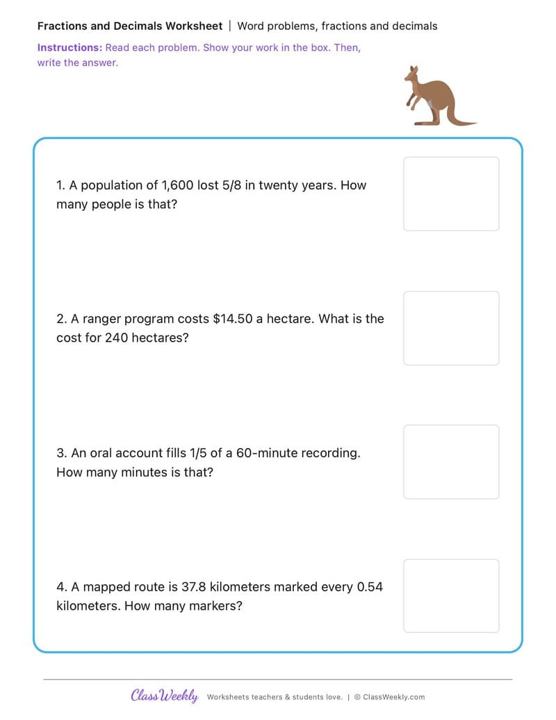 Word problems, fractions and decimals - Effects of First Fleet Contact on First Nations Australians - 5th Grade worksheet preview