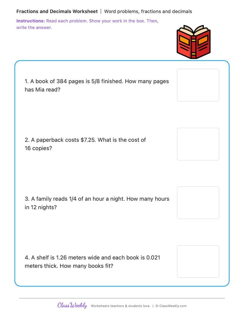 Word problems, fractions and decimals - Family Literacy Day - 5th Grade worksheet preview