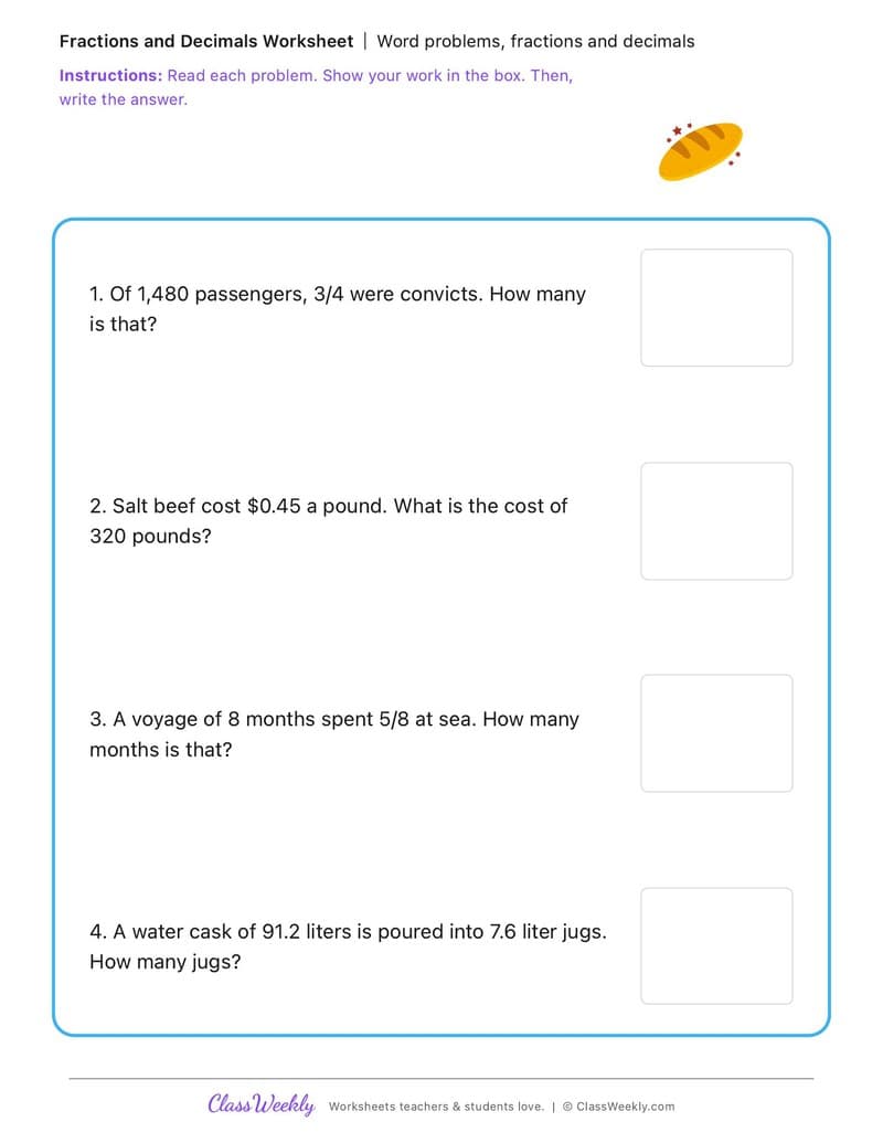 Word problems, fractions and decimals - First Fleet Experiences - 5th Grade worksheet preview