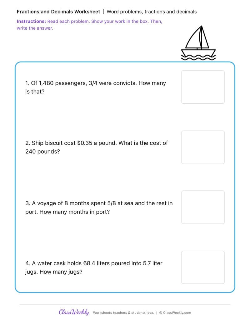 Word problems, fractions and decimals - First Fleet - 5th Grade worksheet preview