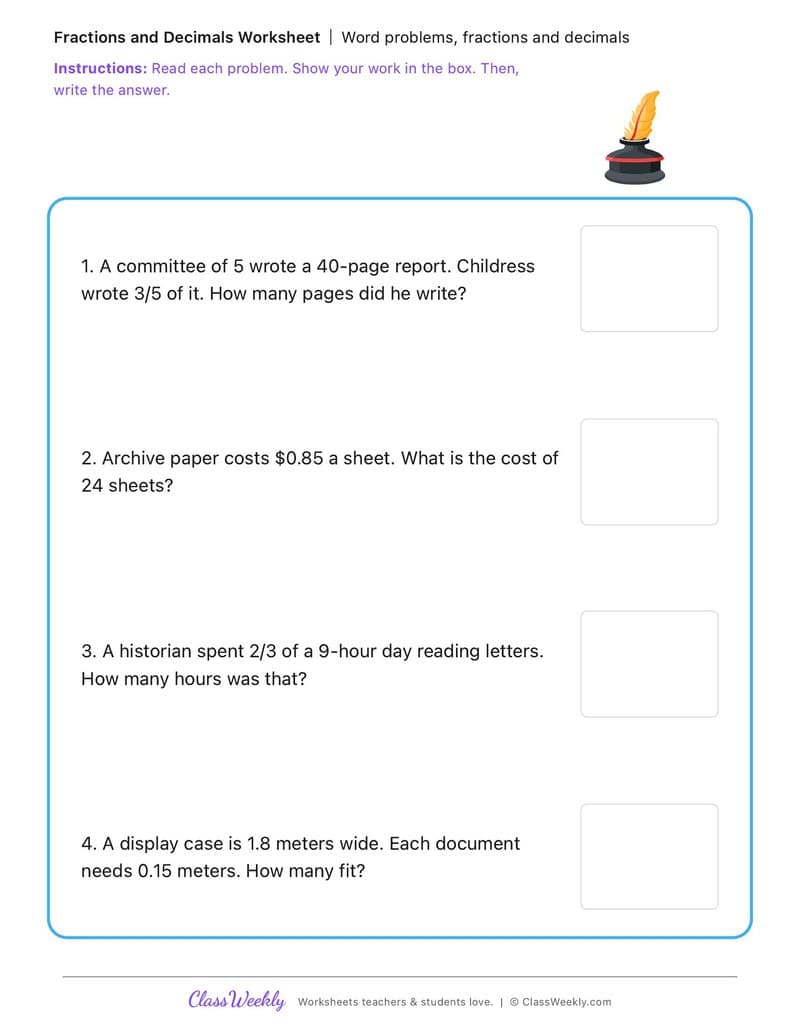 Word problems, fractions and decimals - George Childress - 5th Grade worksheet preview