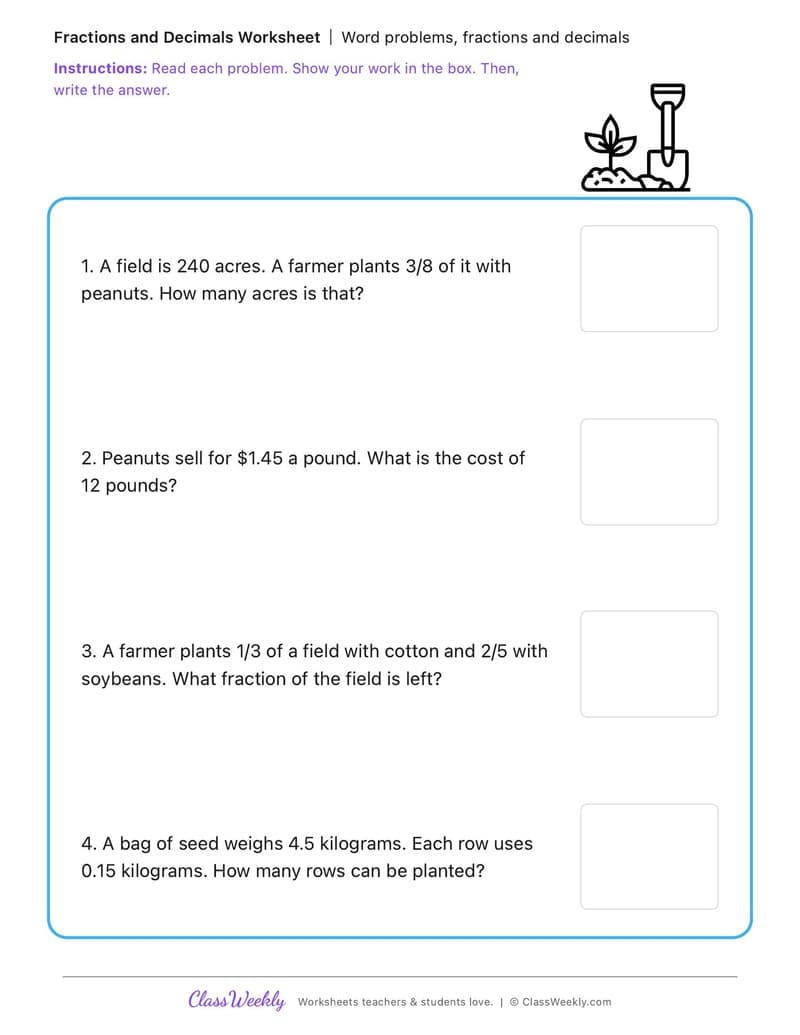 Word problems, fractions and decimals - George Washington Carver - 5th Grade worksheet preview