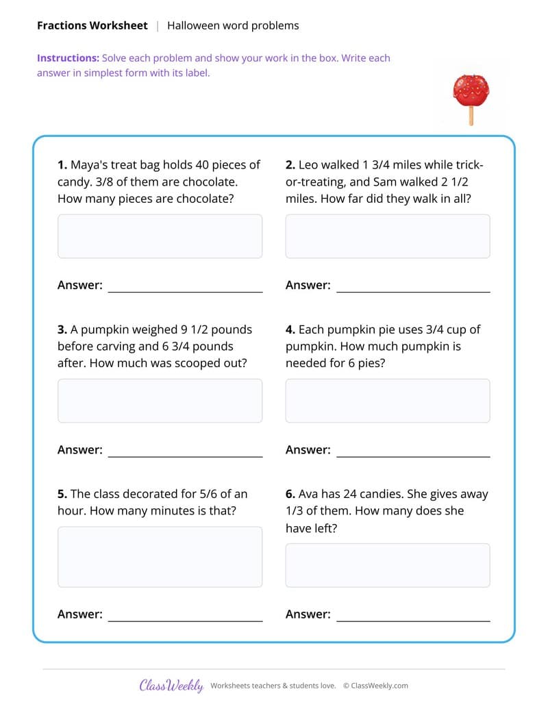 Fraction Word Problems - Halloween - 5th Grade worksheet preview