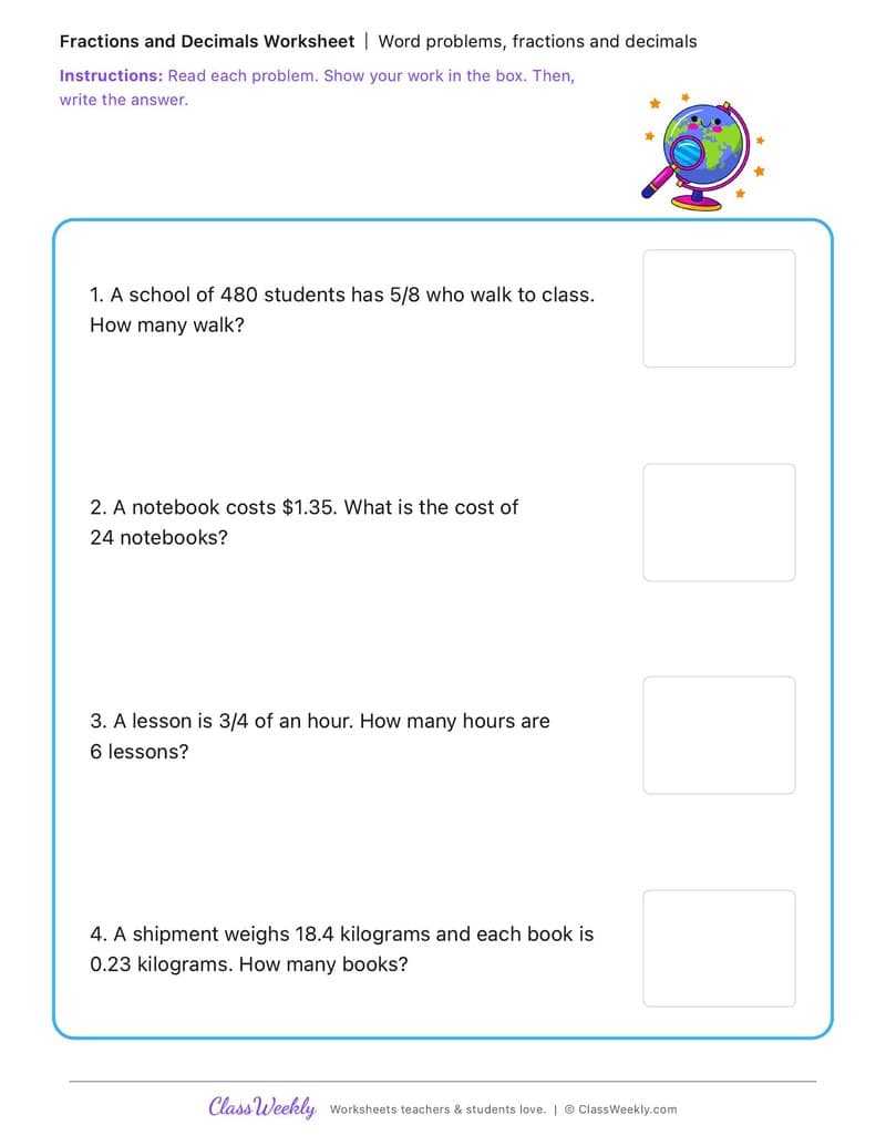Word problems, fractions and decimals - International Day of Education - 5th Grade worksheet preview