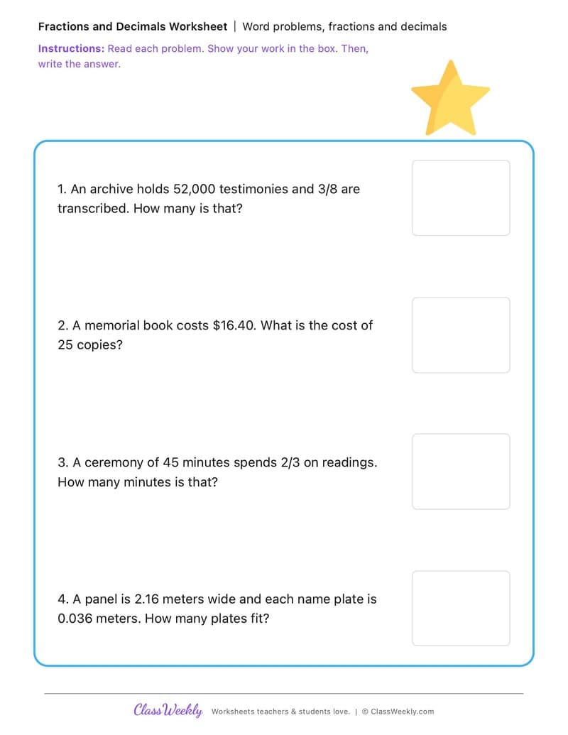 Word problems, fractions and decimals - International Holocaust Remembrance Day - 5th Grade worksheet preview