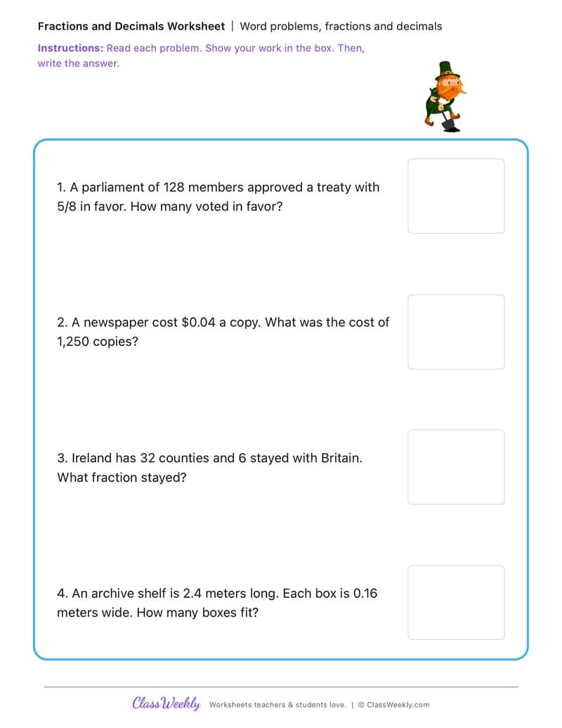 Word problems, fractions and decimals - Irish Revolution and War of Independence - 5th Grade worksheet preview