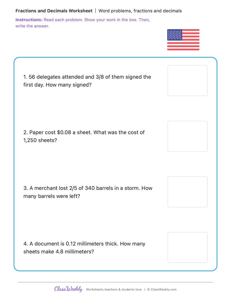 Word problems, fractions and decimals - John Hancock - 5th Grade worksheet preview